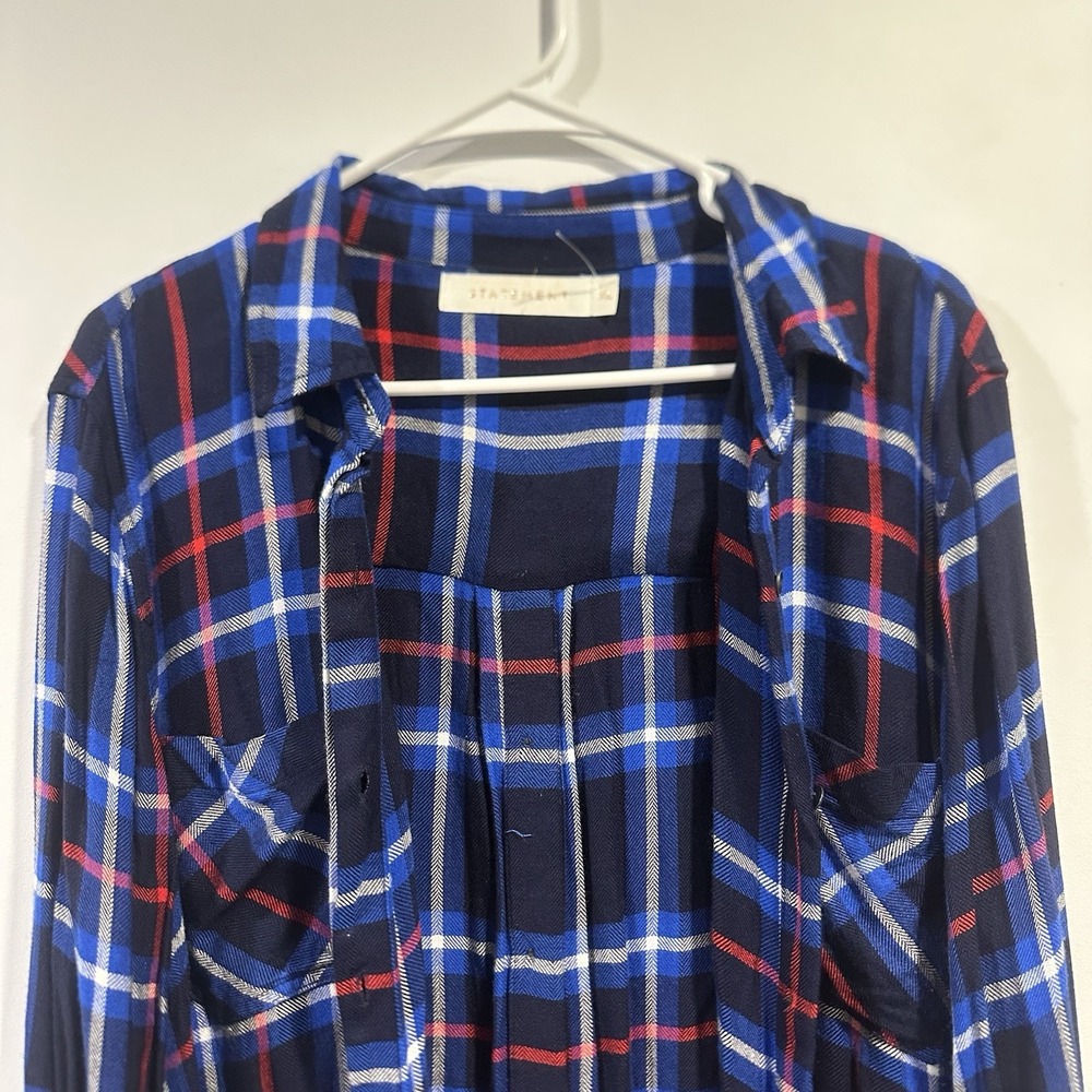 Women's Xl Flannel Button Up Brand Statement Blue Navy Red